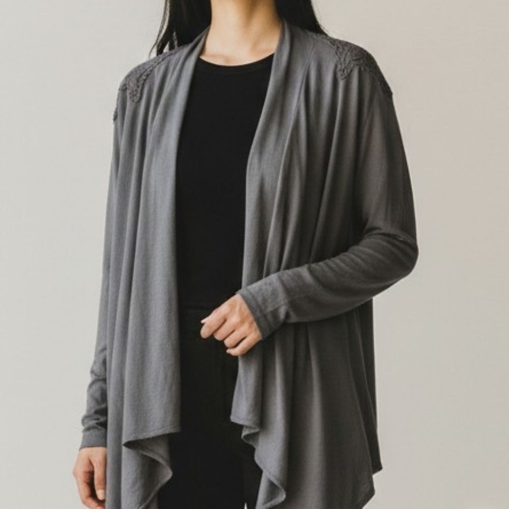 Oxmo Lace Shoulders Gray Open Front Cardigan